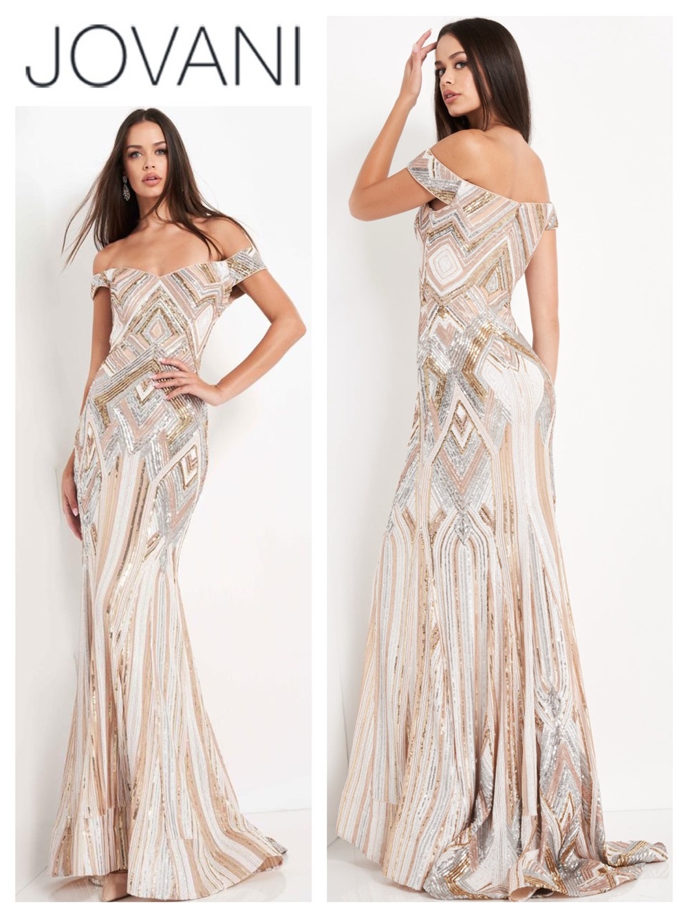 JOVANI Sequined Off Shoulder Gown